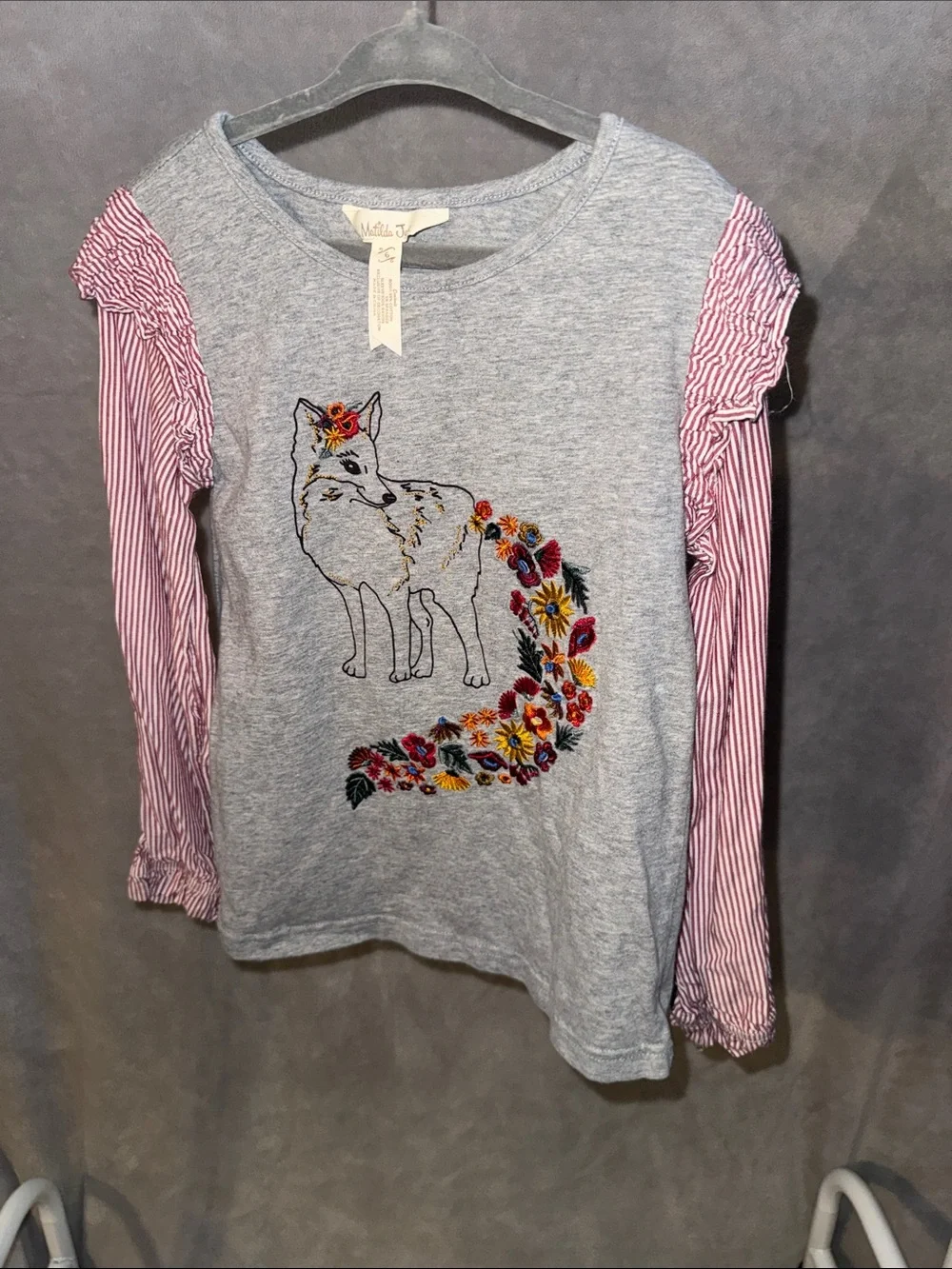 Matilda Jane Gray Fox Embroidered Top with Burgundy Striped Sleeves